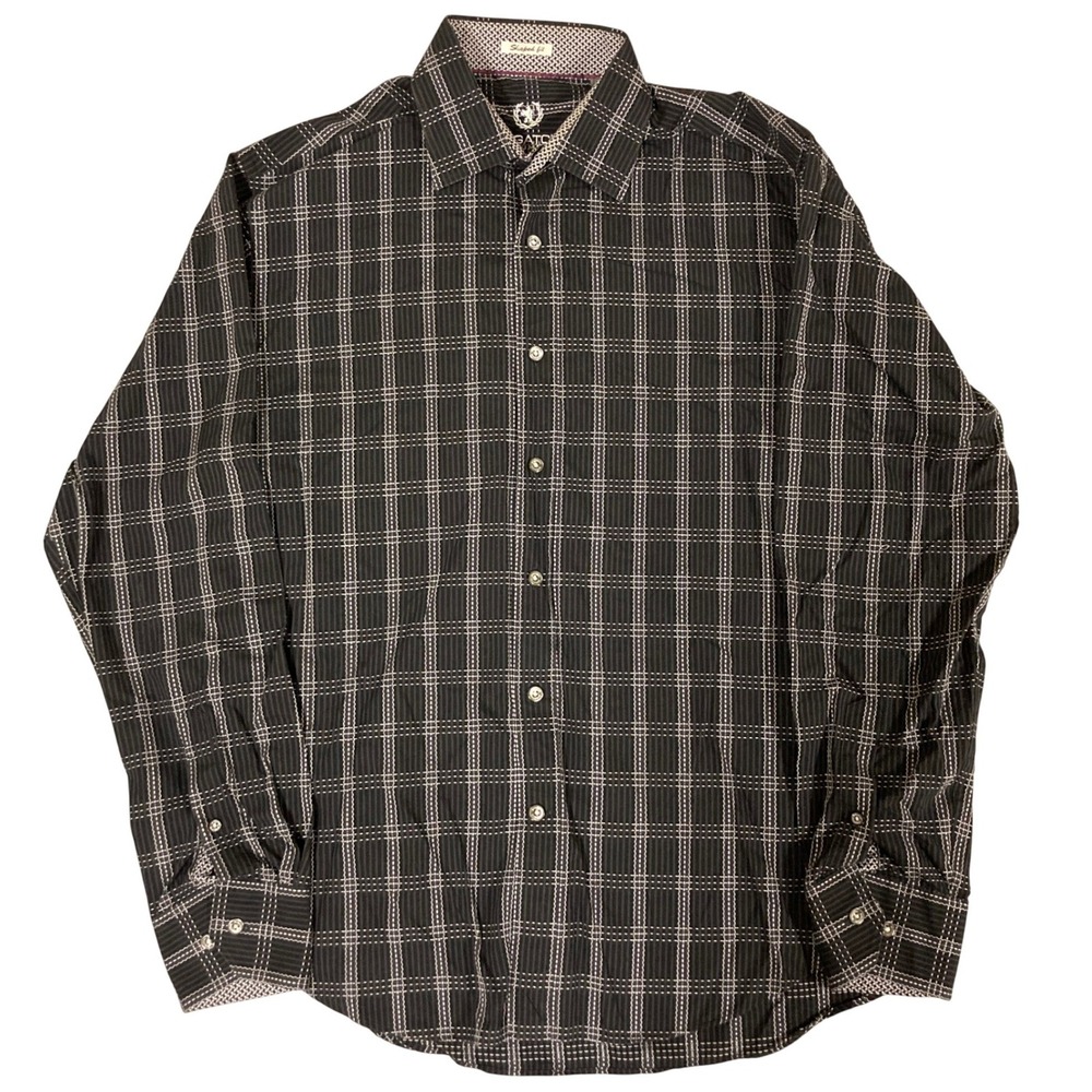 Bugatchi Uomo Mens Shaped Fit Long Sleeve‎ Button Down Shirt Black White Grid M